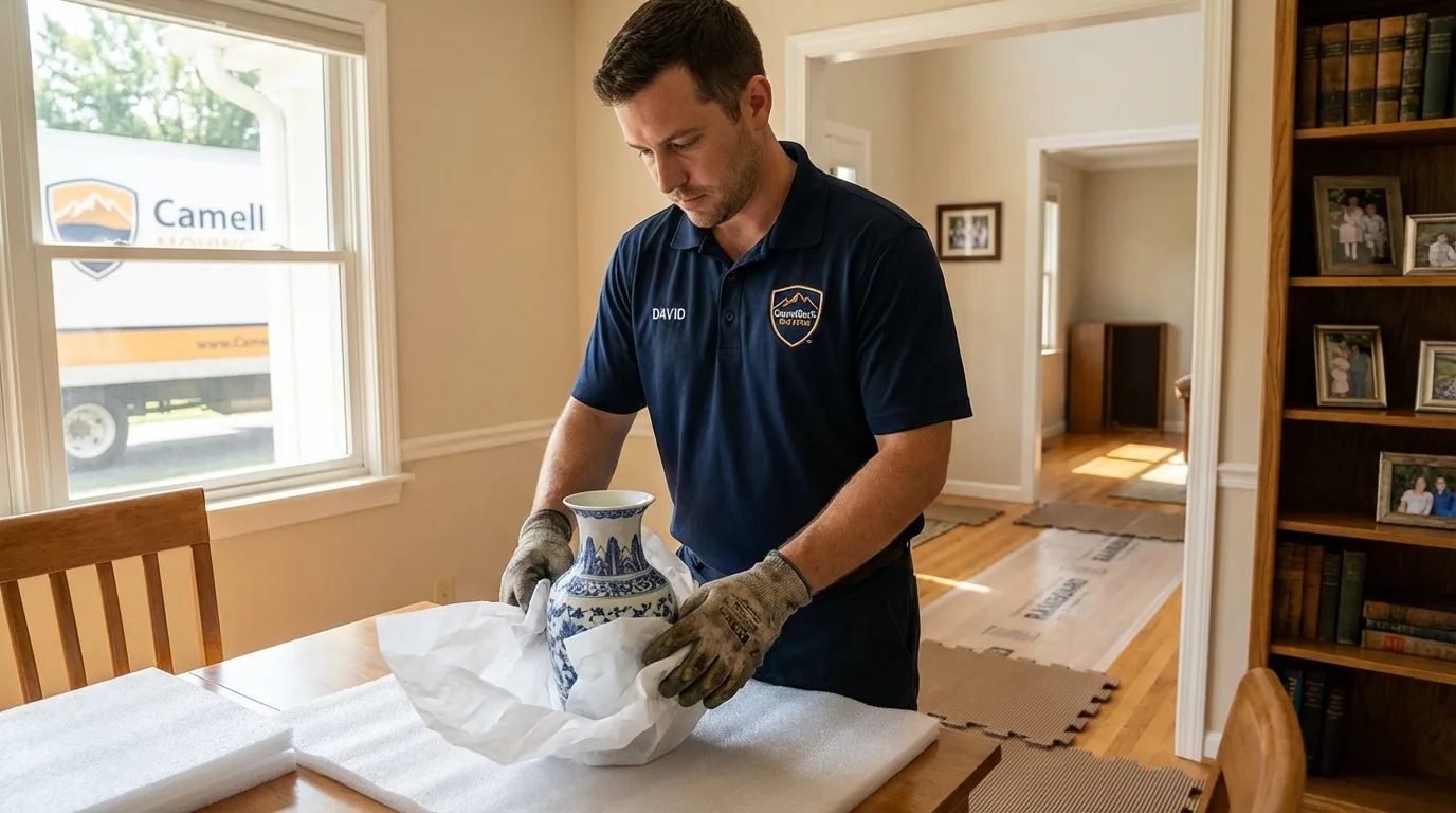 Professional crew carefully wrapping antique vase for senior downsizing move in Kahuku, HI