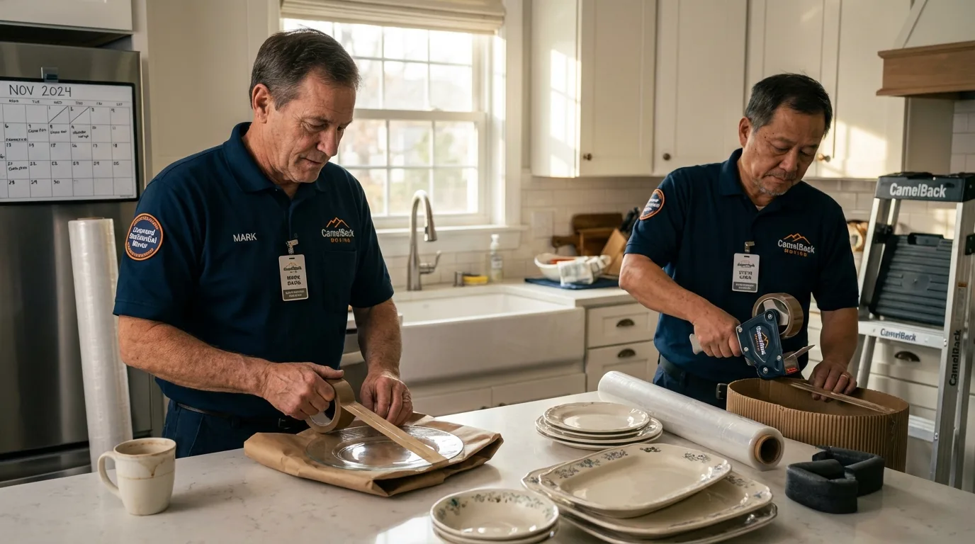 Professional crew packing kitchen dishware in Kahuku, HI